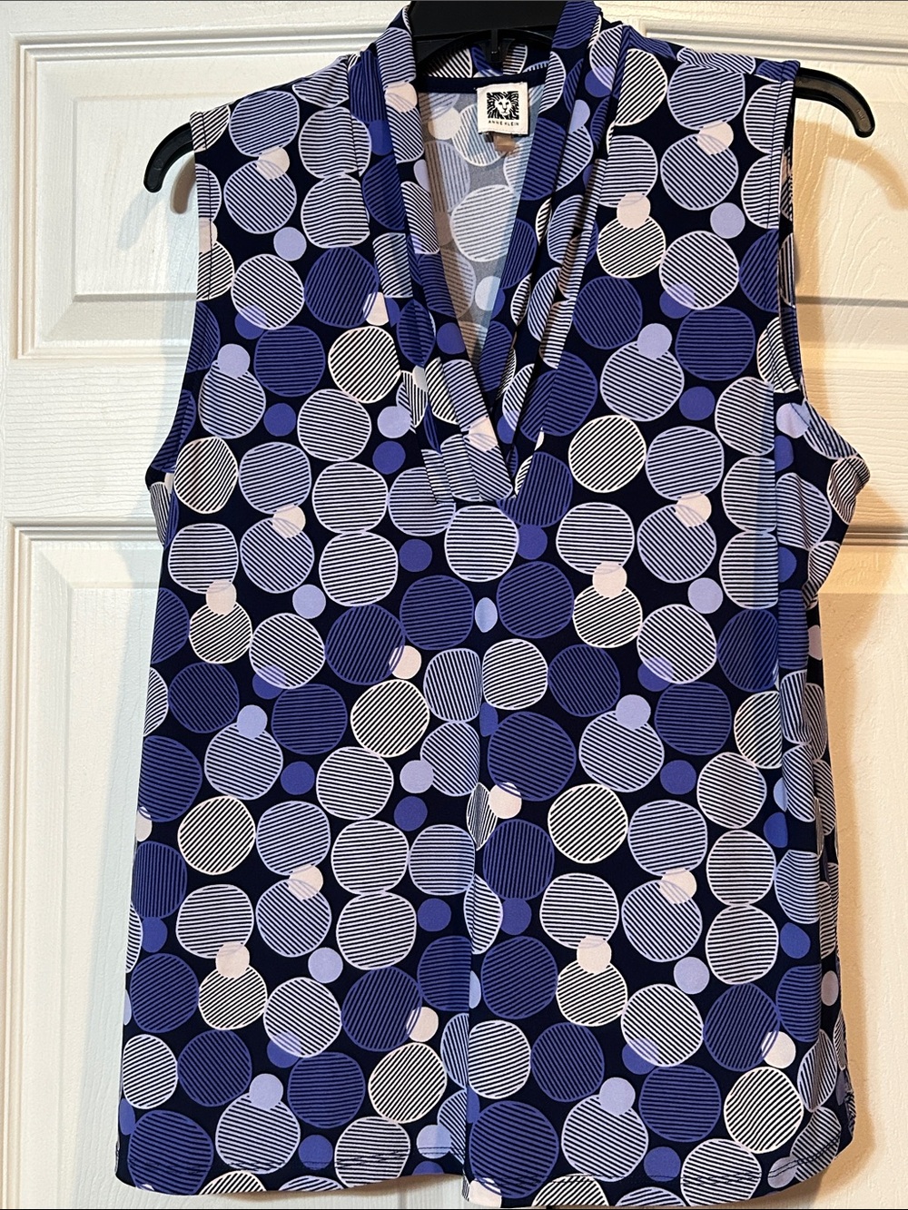 Anne Kline -Large - Sleeveless V-Neck Polka Dot Blouse - Navy & Lavender